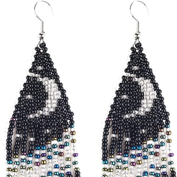 Black Crescent Moon Night Long 4" Earrings Handmade Beaded Oversized Bohemian - Picture 3 of 4
